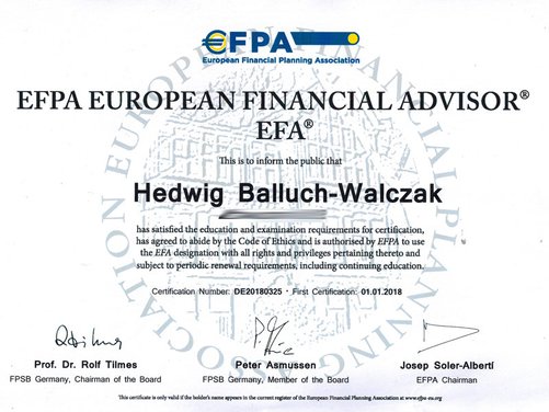 Hedwig Walczak - Zertifizierung zum European Financial Advisor EFA®